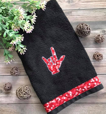 ASL I Love You Valentine Hand Towel - Black